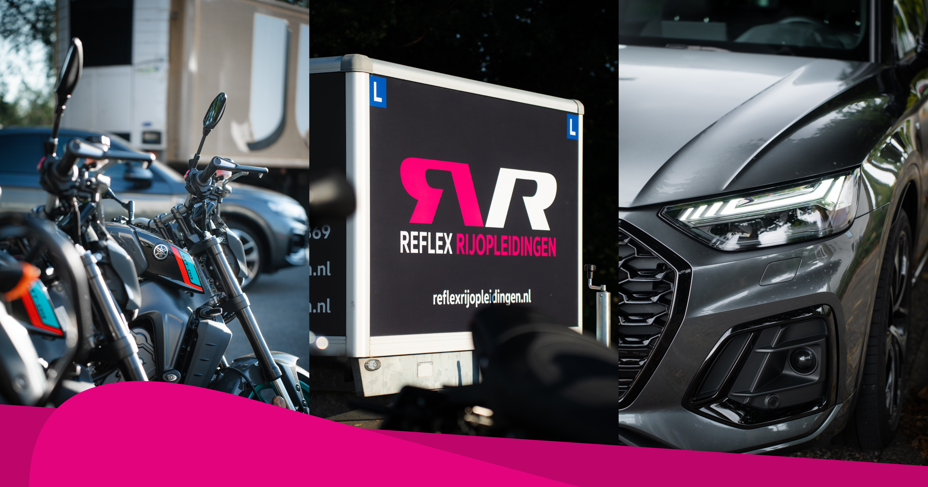 De motoren, aanhanger en lesauto van Reflex Rijopleidingen. Neem contact met ons op voor meer informatie!